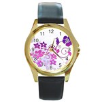 Floral Garden Round Leather Watch (Gold Rim) 