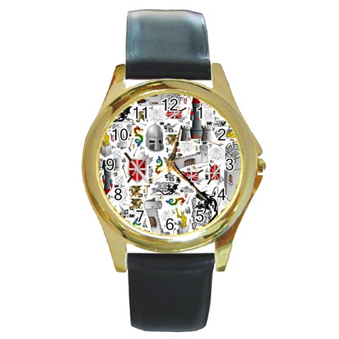Medieval Mash Up Round Leather Watch (Gold Rim)  from ArtsNow.com Front