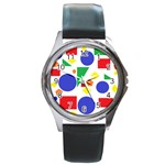 Random Geometrics Round Leather Watch (Silver Rim)