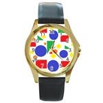 Random Geometrics Round Leather Watch (Gold Rim) 