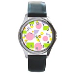 Spring Geometrics Round Leather Watch (Silver Rim)