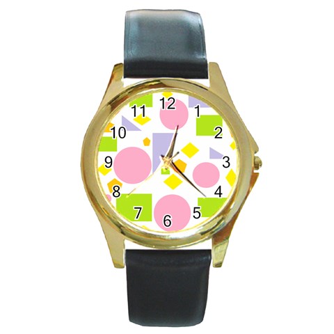 Spring Geometrics Round Leather Watch (Gold Rim)  from ArtsNow.com Front