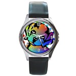 Dog Round Leather Watch (Silver Rim)