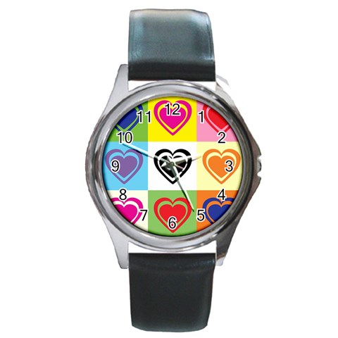 Hearts Round Leather Watch (Silver Rim) from ArtsNow.com Front