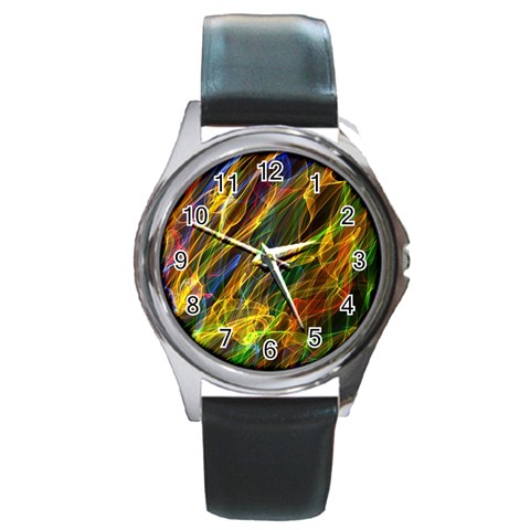 Abstract Smoke Round Leather Watch (Silver Rim) from ArtsNow.com Front