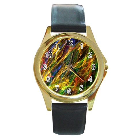 Abstract Smoke Round Leather Watch (Gold Rim)  from ArtsNow.com Front