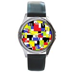 Mod Geometric Round Leather Watch (Silver Rim)