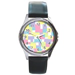 Mod Pastel Geometric Round Leather Watch (Silver Rim)