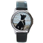 Black German Shepherd Round Leather Watch (Silver Rim)