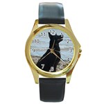 Black German Shepherd Round Leather Watch (Gold Rim) 