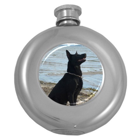 Black German Shepherd Hip Flask (Round) from ArtsNow.com Front