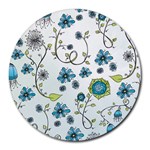 Blue Whimsical Flowers  on blue 8  Mouse Pad (Round)