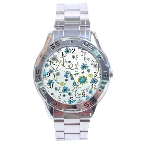 Blue Whimsical Flowers  on blue Stainless Steel Watch from ArtsNow.com Front