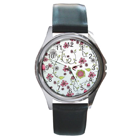 Pink whimsical flowers on blue Round Leather Watch (Silver Rim) from ArtsNow.com Front
