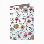 Pink whimsical flowers on blue Mini Greeting Card