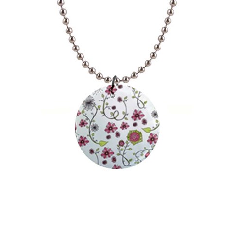 Pink whimsical flowers on blue Button Necklace from ArtsNow.com Front