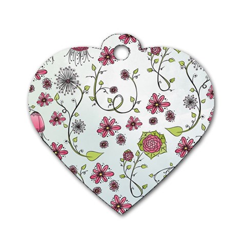 Pink whimsical flowers on blue Dog Tag Heart (Two Sided) from ArtsNow.com Front