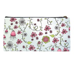 Pink whimsical flowers on blue Pencil Case from ArtsNow.com Back