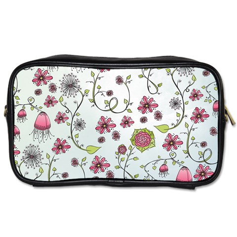 Pink whimsical flowers on blue Travel Toiletry Bag (One Side) from ArtsNow.com Front