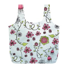 Pink whimsical flowers on blue Reusable Bag (L) from ArtsNow.com Front