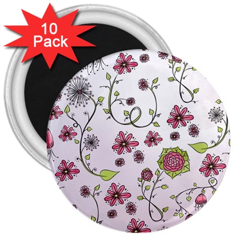 Pink whimsical flowers on pink 3  Button Magnet (10 pack) from ArtsNow.com Front