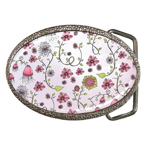 Pink whimsical flowers on pink Belt Buckle (Oval) from ArtsNow.com Front