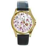 Pink whimsical flowers on pink Round Leather Watch (Gold Rim) 