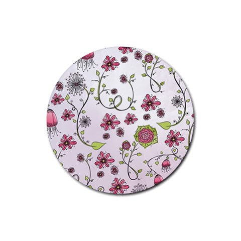 Pink whimsical flowers on pink Drink Coaster (Round) from ArtsNow.com Front
