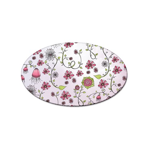 Pink whimsical flowers on pink Sticker (Oval) from ArtsNow.com Front