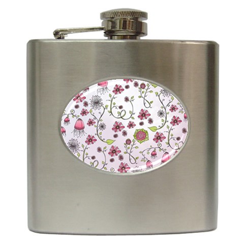 Pink whimsical flowers on pink Hip Flask from ArtsNow.com Front