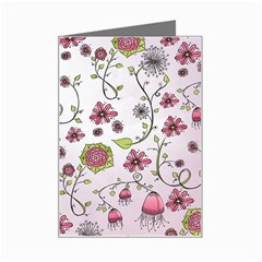 Pink whimsical flowers on pink Mini Greeting Card from ArtsNow.com Left