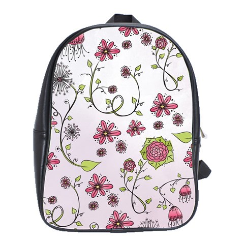 Pink whimsical flowers on pink School Bag (Large) from ArtsNow.com Front
