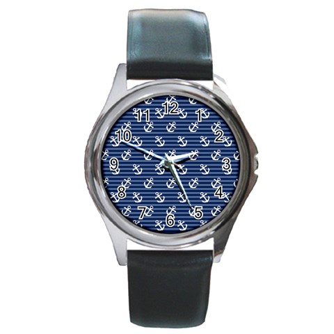Boat Anchors Round Leather Watch (Silver Rim) from ArtsNow.com Front