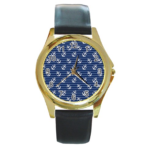 Boat Anchors Round Leather Watch (Gold Rim)  from ArtsNow.com Front
