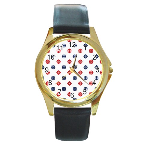 Boat Wheels Round Leather Watch (Gold Rim)  from ArtsNow.com Front