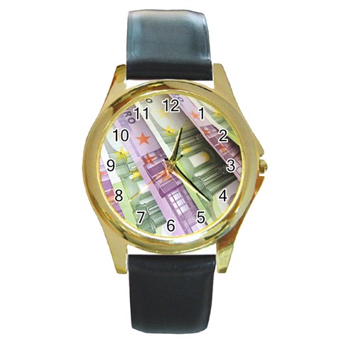 Just Gimme Money Round Leather Watch (Gold Rim)  from ArtsNow.com Front