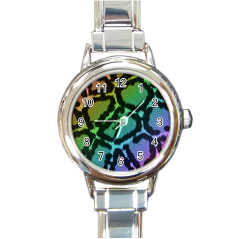 Cool Rainbow Leopard Print Design Round Italian Charm Watch from ArtsNow.com Front