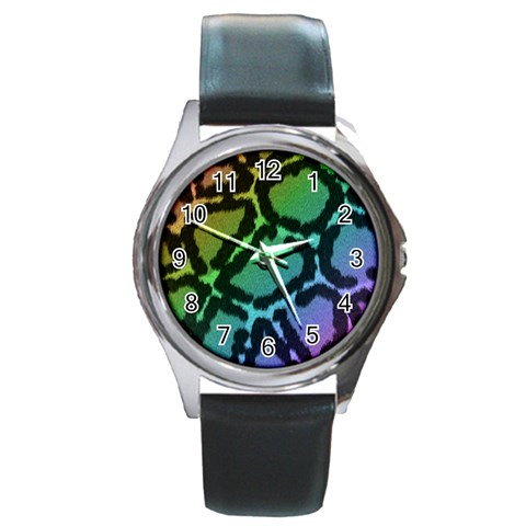 Cool Rainbow Leopard Print Design Round Metal Watch from ArtsNow.com Front