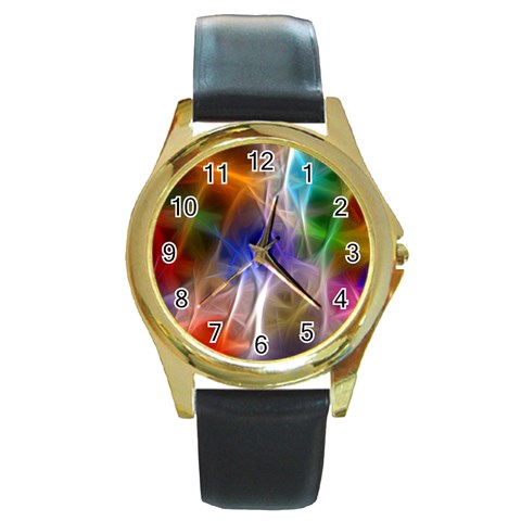 Fractal Fantasy Round Leather Watch (Gold Rim)  from ArtsNow.com Front