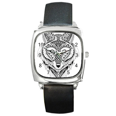 Ornate Foxy Wolf Square Leather Watch from ArtsNow.com Front