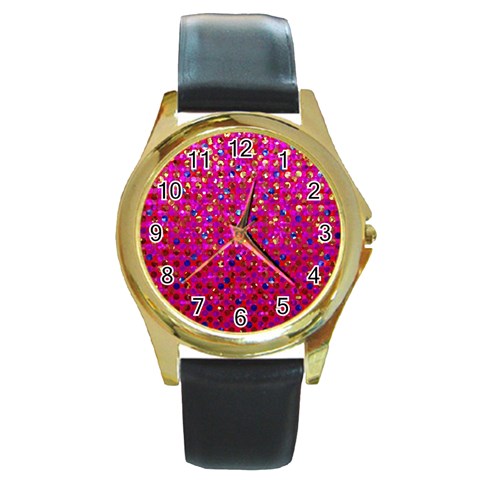 Polka Dot Sparkley Jewels 1 Round Leather Watch (Gold Rim)  from ArtsNow.com Front