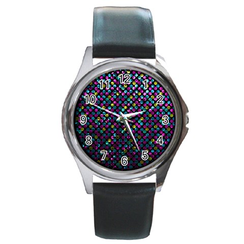 Polka Dot Sparkley Jewels 2 Round Leather Watch (Silver Rim) from ArtsNow.com Front