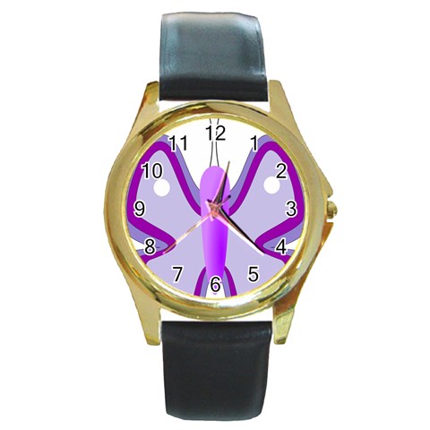 Cute Awareness Butterfly Round Leather Watch (Gold Rim)  from ArtsNow.com Front