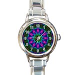 Star Of Leaves, Abstract Magenta Green Forest Round Italian Charm Watch Star Of Leaves, Abstract Magenta Green Forest Round Italian Charm Watch