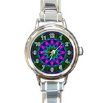 Star Of Leaves, Abstract Magenta Green Forest Round Italian Charm Watch