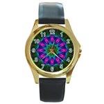 Star Of Leaves, Abstract Magenta Green Forest Round Leather Watch (Gold Rim) Star Of Leaves, Abstract Magenta Green Forest Round Leather Watch (Gold Rim)