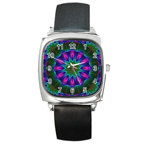 Star Of Leaves, Abstract Magenta Green Forest Square Leather Watch from ArtsNow.com Front