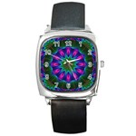 Star Of Leaves, Abstract Magenta Green Forest Square Leather Watch Star Of Leaves, Abstract Magenta Green Forest Square Leather Watch