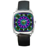 Star Of Leaves, Abstract Magenta Green Forest Square Leather Watch