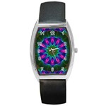 Star Of Leaves, Abstract Magenta Green Forest Tonneau Leather Watch Star Of Leaves, Abstract Magenta Green Forest Tonneau Leather Watch